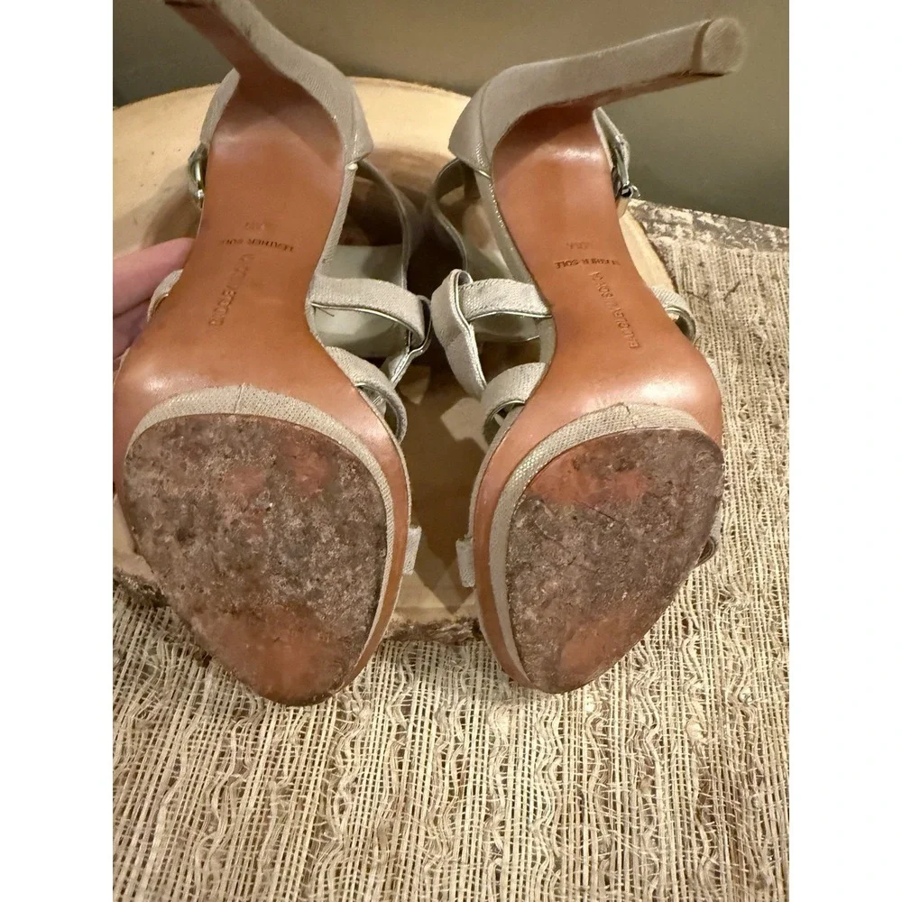 MARK & JAMES by BADGLEY MISCHKA Shimmer Beige Cross Strappy Stiletto Heels Sz-10